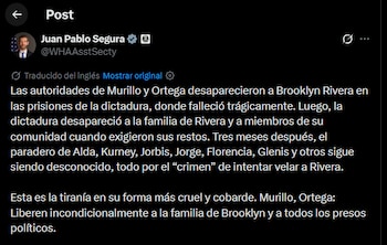 El diplomático estadounidense Juan Pablo Segura exigió la liberación incondicional de los familiares y allegados del líder miskitu Brooklyn Rivera (Cortesía: @WHAAsstSecty).