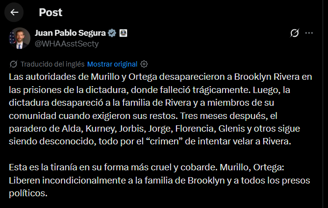 El diplomático estadounidense Juan Pablo Segura exigió la liberación incondicional de los familiares y allegados del líder miskitu Brooklyn Rivera (Cortesía: @WHAAsstSecty).