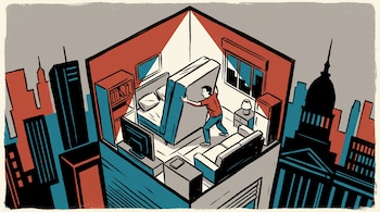 Ilustración de un hombre que despliega una cama rebatible dentro de una habitación pequeña rodeada por edificios urbanos.