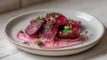 Mole rosa con betabel servido