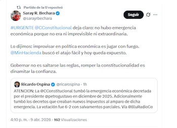 A congressista Saray R. Bechara comemora o colapso da emergência petroeconômica - crédito @sarayrbechara/X