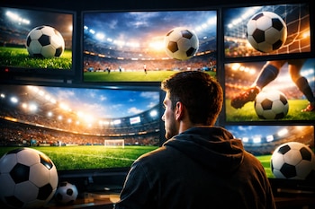 Vista trasera de un hombre viendo múltiples pantallas con imágenes de estadios de fútbol, jugadores y balones. Varios balones reales también están presentes.