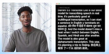 Un hombre habla junto a una ventana de software en fondo negro que muestra transcripciones en inglés, español, hindi y chino