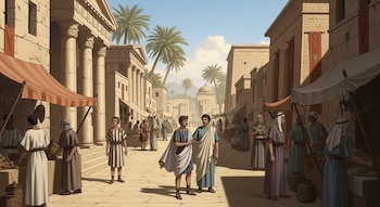 Ilustración de una calle concurrida en una ciudad egipcia romana, con edificios de piedra, palmeras, puestos de mercado con toldos y personas con túnicas variadas.