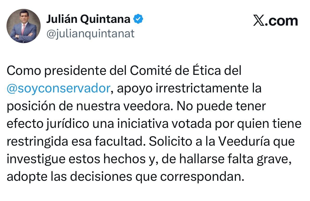 Julián Quintana respaldó la investigación interna sobre el proceso de inscripción de candidatos en el Partido Conservador. - crédito @julianquintanat/X