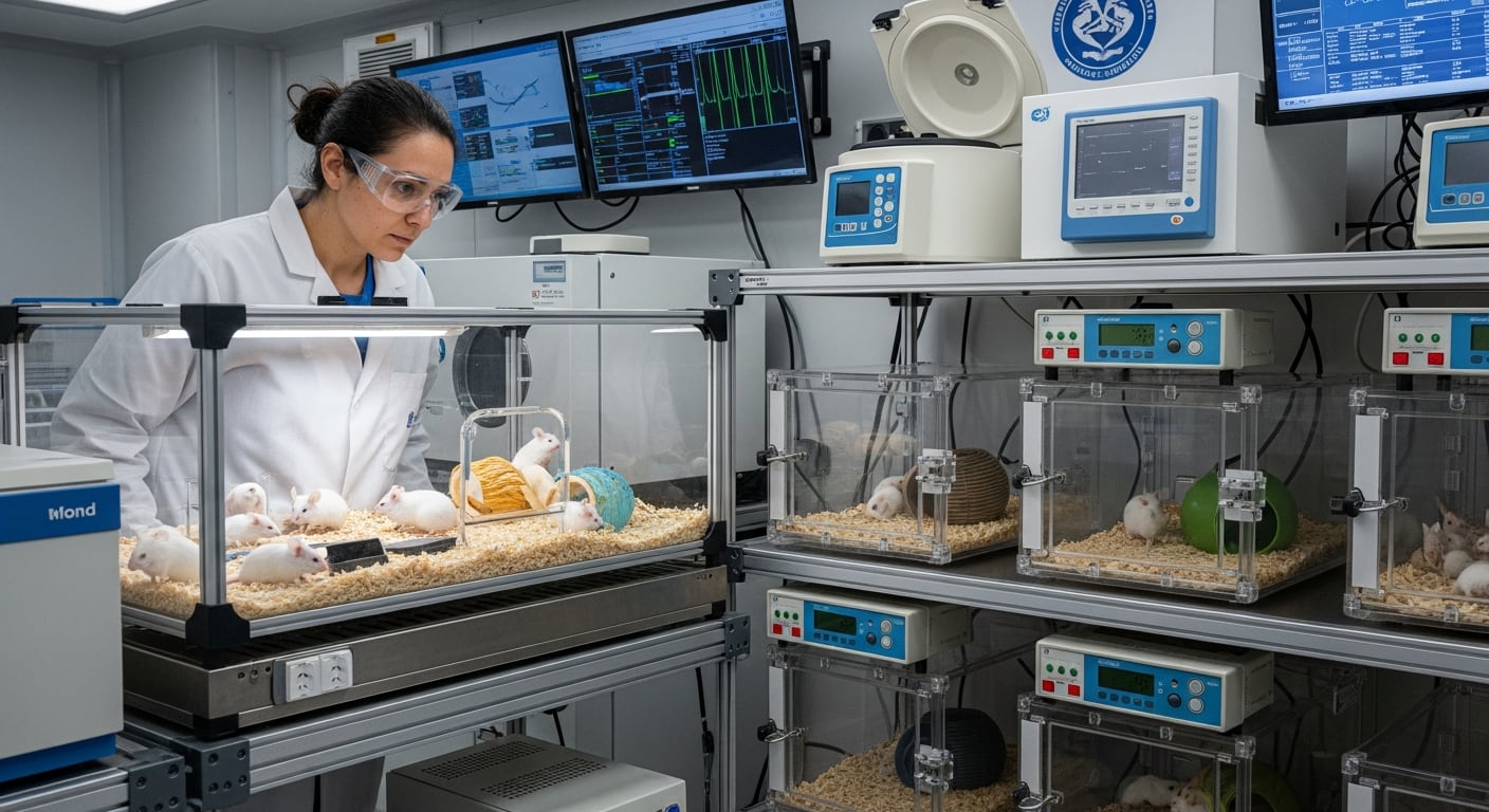Una científica realiza observaciones en un laboratorio equipado con tecnología avanzada, donde varios ratones se encuentran en recintos transparentes monitoreados electrónicamente. En el entorno, se pueden ver pantallas con datos biomédicos y equipos de análisis, reflejando un entorno de investigación destinado al estudio de modelos animales en biomedicina. (Imagen Ilustrativa Infobae)