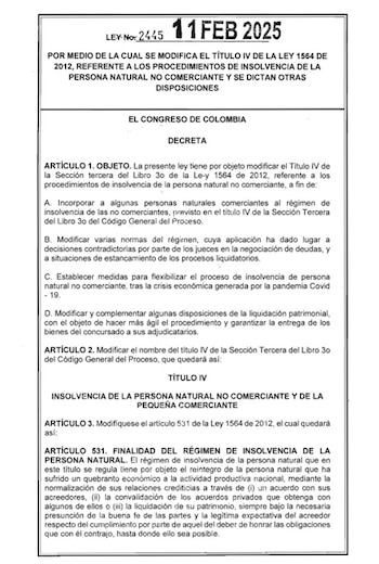 La Ley 2445 de 2025 extendió el alcance del régimen de insolvencia, habilitando a sectores previamente excluidos a acceder a procesos formales de negociación con acreedores - crédito Ministerio de Hacienda
