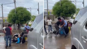En video quedo la agresión de un hombre que le cortó la cara con un arma cortopunzante a su pareja: la comunidad lo atacó a golpes