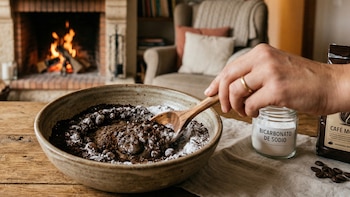 Primer plano de una mano mezclando café molido y bicarbonato de sodio en un tazón de cerámica, con una chimenea encendida de fondo