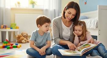Una mujer adulta con dos niños pequeños sentados en un suelo de alfombra, leyendo un libro de cuentos ilustrado en una habitación infantil bien iluminada.