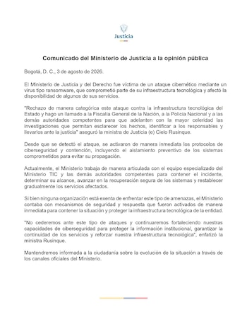 El Ministerio de Justicia confirmó un ataque cibernético con ransomware que comprometió parte de su infraestructura tecnológica - crédito @MinjusticiaCo/X