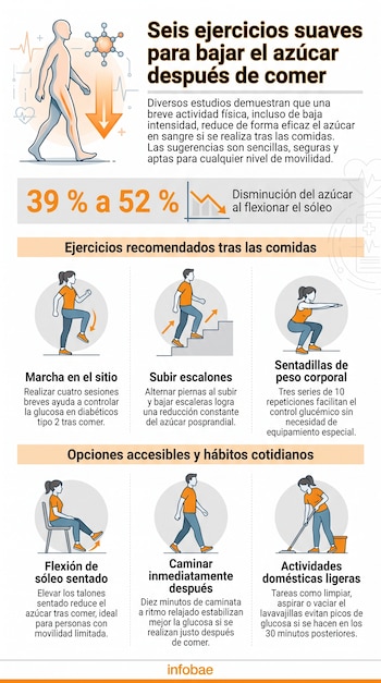 Infografía de seis ejercicios para bajar el azúcar en sangre, que incluye marcha en el sitio, subir escalones, sentadillas, flexión de sóleo, caminar y tareas domésticas.