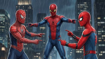 Tres Hombres Araña con trajes rojo y azul, cada uno con un diseño distinto, se apuntan mutuamente con los dedos en un fondo de ciudad nocturna y lluviosa.