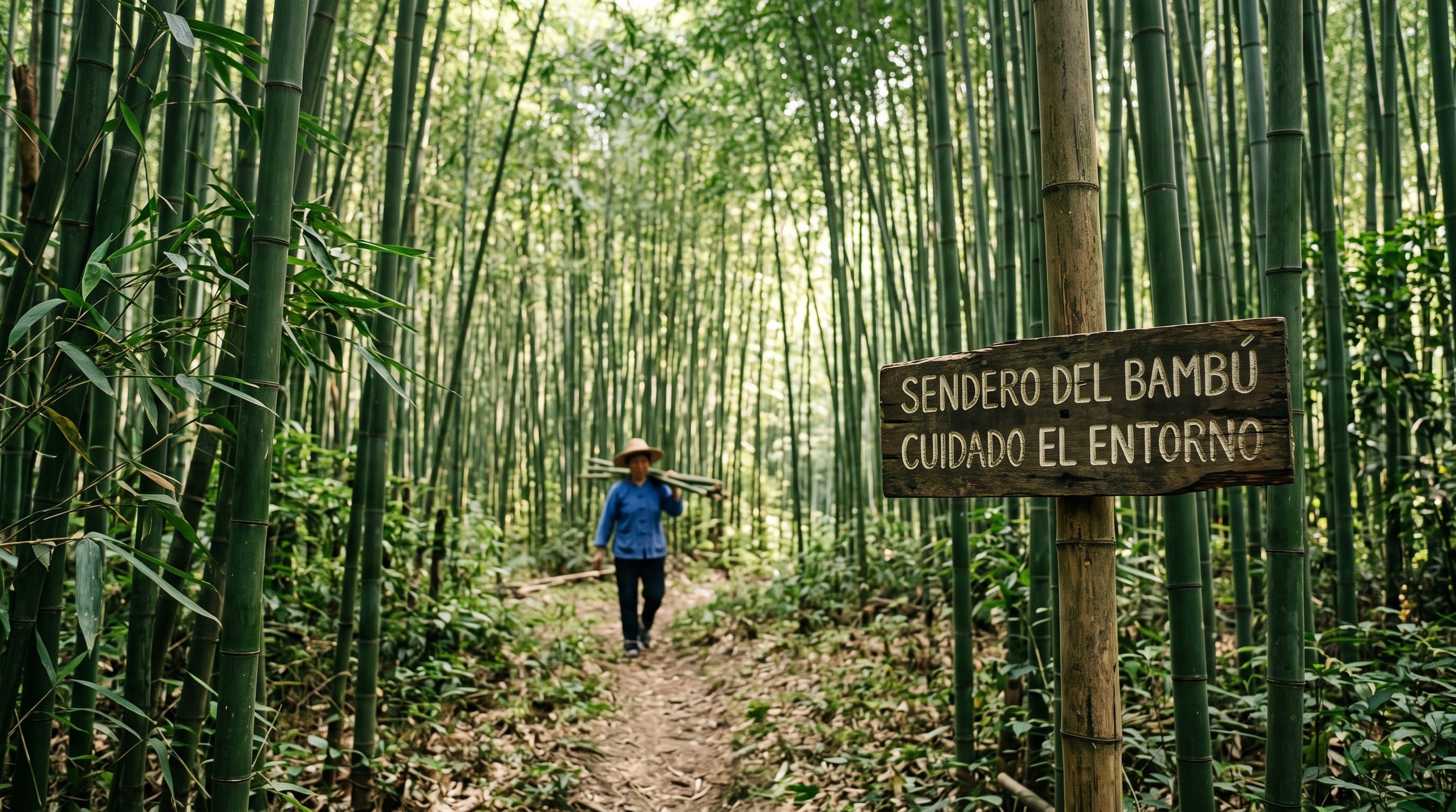 Una persona camina con varas de bambú al hombro por un camino forestal junto a un letrero de madera que pide cuidar el entorno. (Imagen Ilustrativa Infobae)