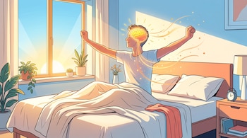 Un hombre sentado en la cama estira los brazos frente a una ventana soleada, con la ilustración de un cerebro iluminado en su cabeza