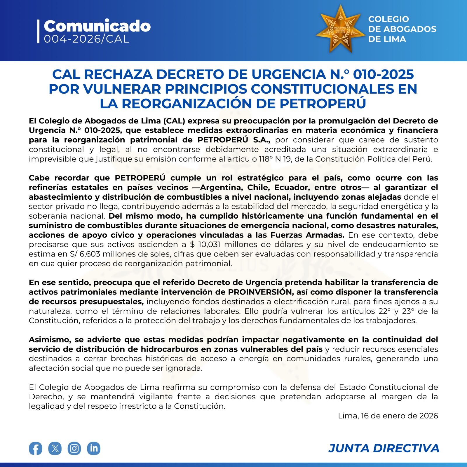 El Colegio de Abogados de Lima advierte que el Decreto de Urgencia N.º 010-2025 debilita derechos laborales y servicios esenciales al facilitar transferencias patrimoniales.