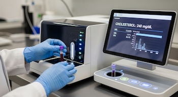 Persona con guantes azules introduce una muestra de sangre en un analizador de laboratorio con una pantalla que muestra resultados de colesterol y gráficos.
