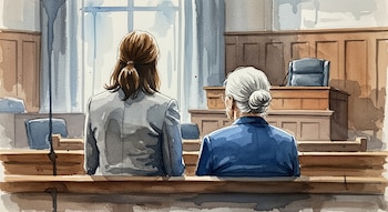 Dos mujeres sentadas de espaldas en una sala, con una barandilla de madera al frente. Una mujer tiene el cabello castaño recogido, la otra es anciana con moño gris y gafas. Estilo acuarela.