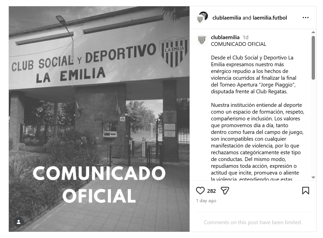 El comunicado de La Emilia que repudió los hechos de violencia