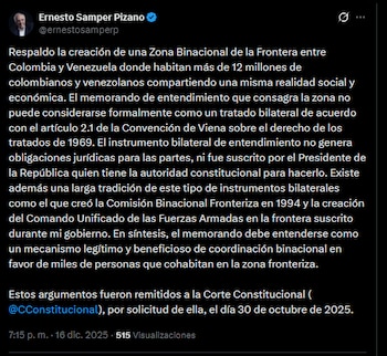 Ernesto Samper aseguró que respalda