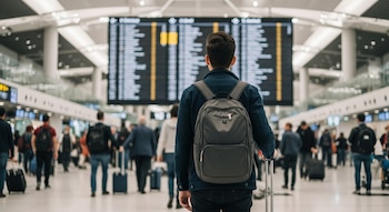Un hombre de espaldas con una mochila y una maleta de ruedas observa una pantalla de salidas y llegadas en un aeropuerto internacional con varios pasajeros.
