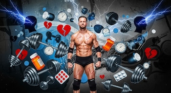 Luchador profesional con cicatrices de pie, rodeado de mancuernas, píldoras, cronómetros, corazones rotos y siluetas de cabezas con relámpagos.