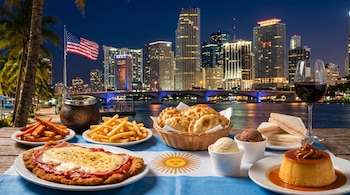 Mesa con bandera argentina exhibiendo milanesa napolitana, papas fritas, empanadas, sándwiches de miga, helado, flan y vino tinto, frente al skyline nocturno de Miami con la bandera de EE.UU.