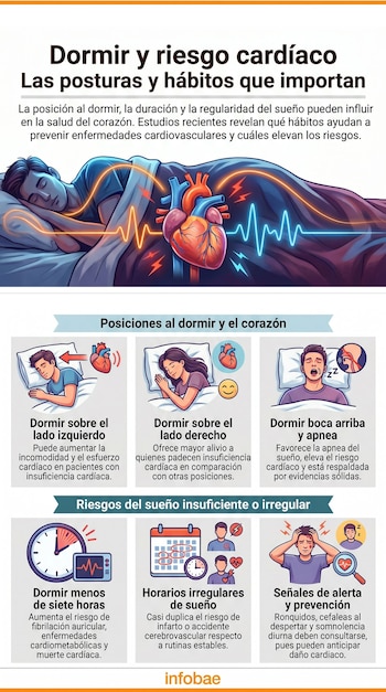 Infografía vertical ilustra las posturas al dormir y el corazón. Detalla cómo dormir boca arriba o menos de siete horas afecta la salud cardiovascular, y señales de alerta.