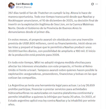 El tuit de Carlos Bianco sobre el caso Malvinas