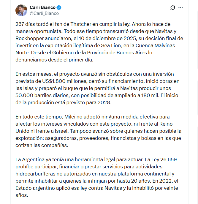 El tuit de Carlos Bianco sobre el caso Malvinas