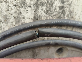 Un cable grueso de color negro cortado deja ver sus hilos multicolores sobre una pared de concreto grey