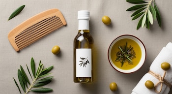 Vista superior de un envase de aceite de oliva, un peine de madera, un cuenco con aceite y hierbas, y una toalla blanca, rodeados de aceitunas y hojas.