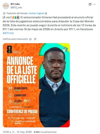 El seleccionador nacional de Costa de Marfil, Emerse Faé, dará a conocer los nombres de su plantel en una transmisión que podrá seguirse en las redes sociales - crédito @RTI_Info/X
