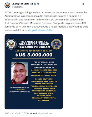 El Departamento de Estado de los EE. UU. aumentó en diciembre de 2025 la recompensa de alias Giovanni San Vicente a 5 millones de dólares - crédito @StateINL/X