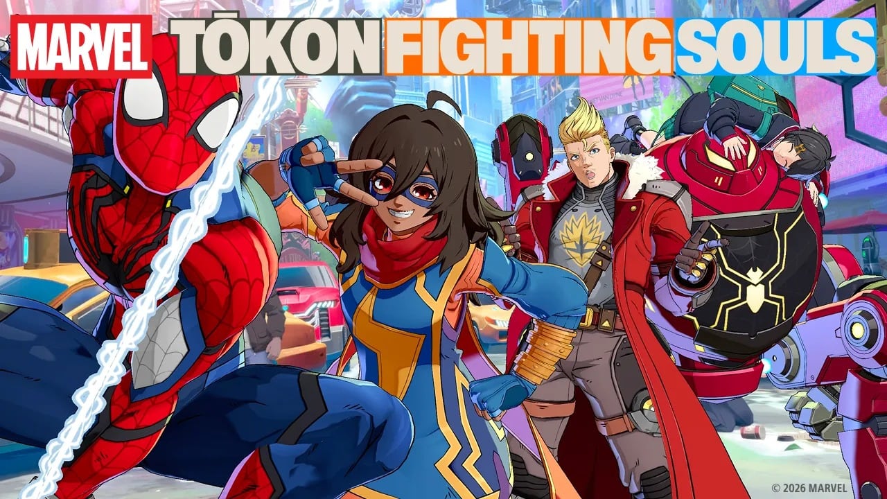 Spider-Man, Ms. Marvel y otros personajes de Marvel Tokon Fighting Souls aparecen en una ilustración ambientada en una calle con edificios urbanos. (PlayStation)