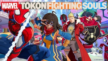 Personajes de Marvel como Spider-Man, Ms. Marvel, un hombre rubio y un robot rojo con otro personaje, frente a un fondo urbano; título del videojuego arriba