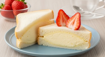 Dos mitades de sándwich de crema japonés con pan blanco y relleno cremoso en un plato azul, una decorada con fresas. Al fondo, un cuenco de fresas y una taza.