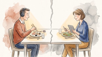 Un hombre con auriculares cena sushi y una mujer mira una tableta comiendo ensalada, sentados a una mesa partida al centro por una grieta.