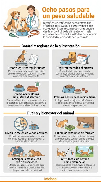 Infografía que muestra a una veterinaria junto a un perro y un gato, y ocho paneles con ilustraciones y texto sobre estrategias para controlar el peso de mascotas.