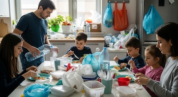 Una familia en una cocina llena de plásticos: un padre sirve agua de una botella a un vaso desechable, mientras los niños y la madre comen con utensilios de plástico.