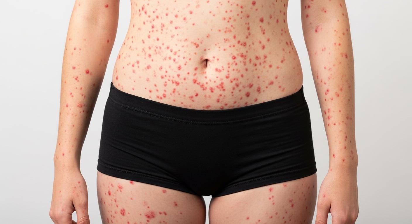 Una persona muestra una erupción cutánea característica del sarampión, con múltiples manchas rojas distribuidas en el abdomen, brazos y piernas, resaltando la naturaleza de la enfermedad. (Imagen Ilustrativa Infobae)