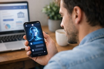 Un hombre mira su teléfono móvil, donde una aplicación bancaria muestra un asistente virtual de IA conversando; un portátil y una taza en el fondo.