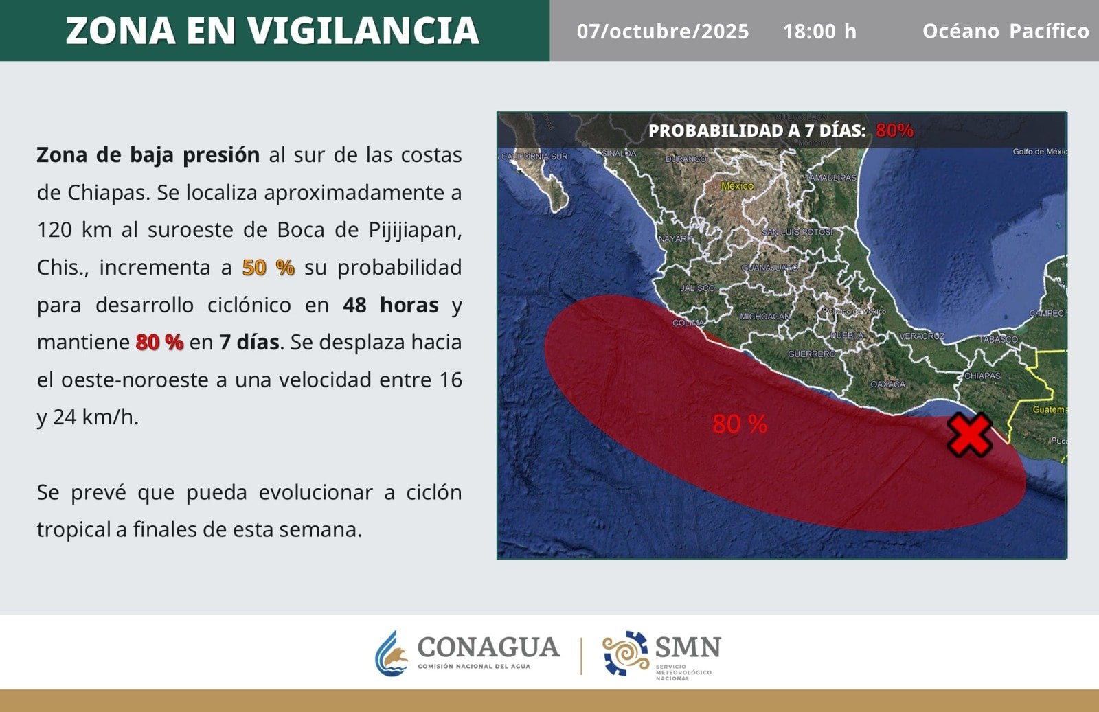 Se espera que el potencial ciclón Raymond avance frente a las costas del occidente de México.FOTO: Conagua