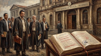 Pintura al óleo de hombres con togas frente a un edificio con la inscripción "Corte Suprema de Justicia - Nicaragua" y un libro abierto sobre una mesa con nombres tachados.