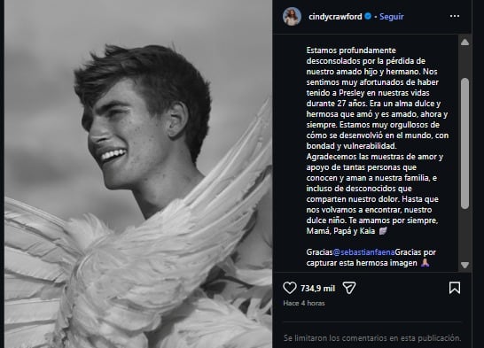 Cindy Crawford despidió a su hijo con un homenaje en Instagram.