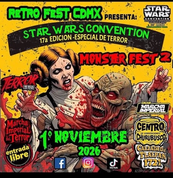 Ilustración de la Princesa Leia como zombie junto a un monstruo sobre fondo amarillo con textos promocionales de un evento de terror