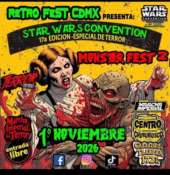 Un cartel promocional anuncia la convención de Star Wars Monster Fest 2 para el primero de noviembre de 2026 en el Centro de Convenciones Churubusco de la Ciudad de México. (Retro Fest/Facebook)