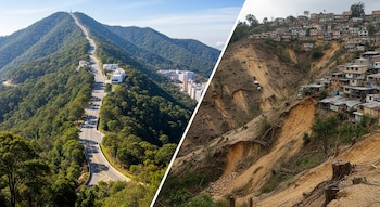 Montaña verde con carretera y edificios (izquierda); ladera deforestada, casas precarias y deslizamientos de tierra (derecha).