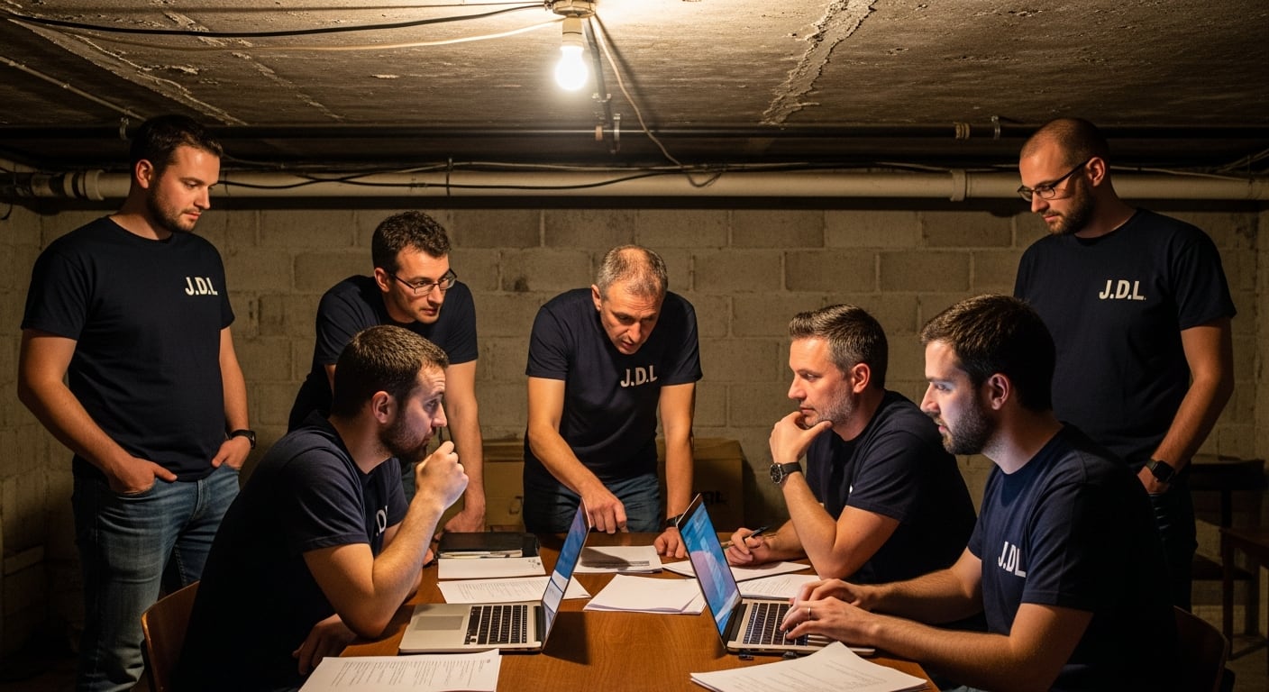 Un grupo de hombres con camisetas de la J.D.L. se reúne en un sótano con poca luz, discutiendo alrededor de una mesa con papeles y computadoras portátiles (Imagen Ilustrativa Infobae)