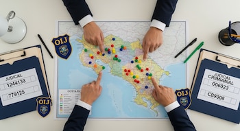 Vista cenital de cuatro manos de agentes sobre un mapa de Costa Rica con pines de colores. Se observan carpetas judiciales, bolígrafos y dos insignias del OIJ.